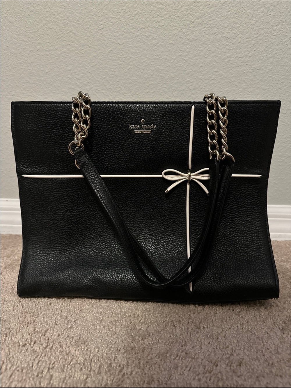 kate spade Black Leather Tote with White Bow Trim